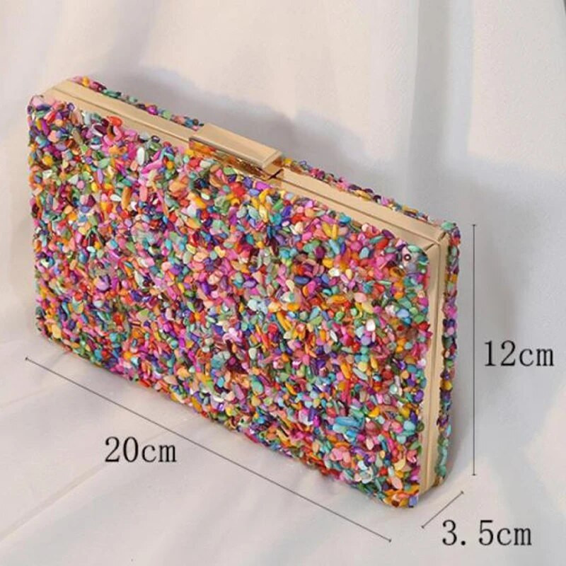 Įvairių spalvų akmeninė mergaitės vestuvinė kieta akrilo rankinė sankabos metalinė grandinėlė ant peties vakarinė piniginė su blokuojamu užsegimu