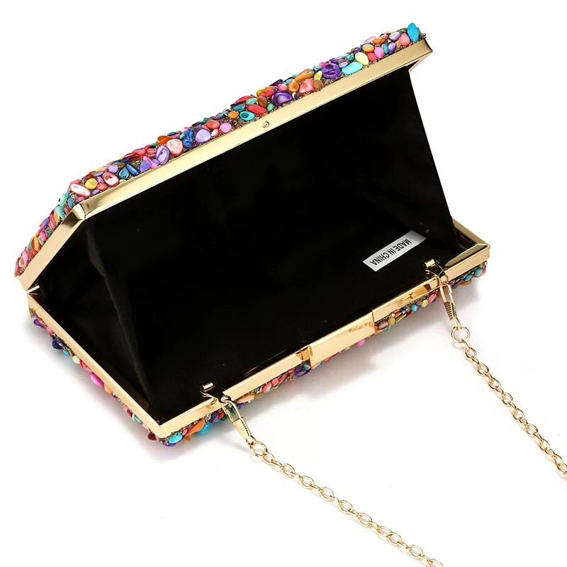 Įvairių spalvų akmeninė mergaitės vestuvinė kieta akrilo rankinė sankabos metalinė grandinėlė ant peties vakarinė piniginė su blokuojamu užsegimu