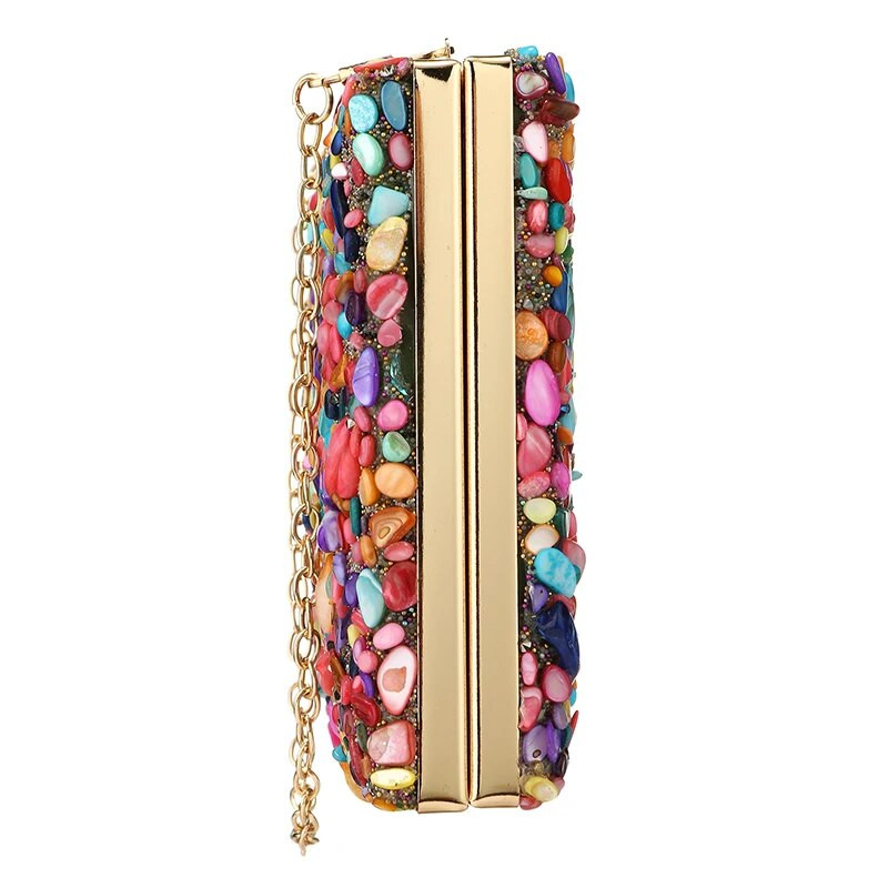 Įvairių spalvų akmeninė mergaitės vestuvinė kieta akrilo rankinė sankabos metalinė grandinėlė ant peties vakarinė piniginė su blokuojamu užsegimu