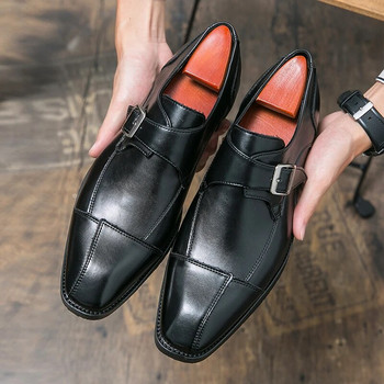 Мъжки обувки за рокля Официални мъжки дизайнерски обувки Monk италиански Оксфордски обувки за мъже Сватбена рокля Маркова кожена двойна катарама кафява