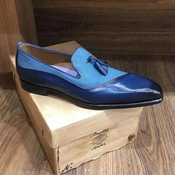 Мъжки мокасини, черни, сини пискюли, мъжки обувки, безплатна доставка, ръчно изработени мъжки обувки с кръгли пръсти, размер 38-48