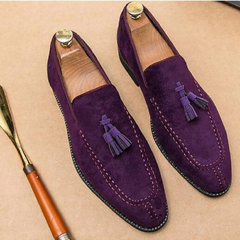 Марков дизайн Мъжки велурени кожени обувки Мокасини Лилави Мъжки мокасини с пискюли Реколта Ежедневни мъжки обувки с приплъзване