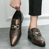 Juodi Loafers Vyrams Madingi Gyvatės Spausdinti Batai Smailianosiais Batai Ruda Metalinė Sagtimi Vestuviniai Batai Vyrams Dydis 38-46 1AA52