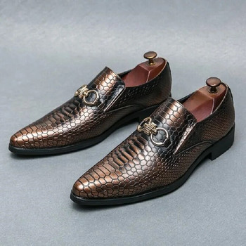 Черни мокасини за мъже Модни обувки със змийски принт с остри пръсти Кафяви сватбени обувки с метална катарама за мъже Размер 38-46 1AA52