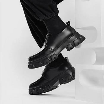 Корейска версия на улични мъжки ниски ежедневни кожени обувки с дебели подметки Официални кожени обувки на платформа Дерби Мъжки 1AA48