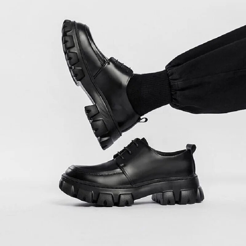 Κορεατική έκδοση Street Men Low Top Casual Δερμάτινα Παπούτσια Χοντρές Σόλες Derby Platform Formal Δερμάτινα Ανδρικά Παπούτσια 1AA48