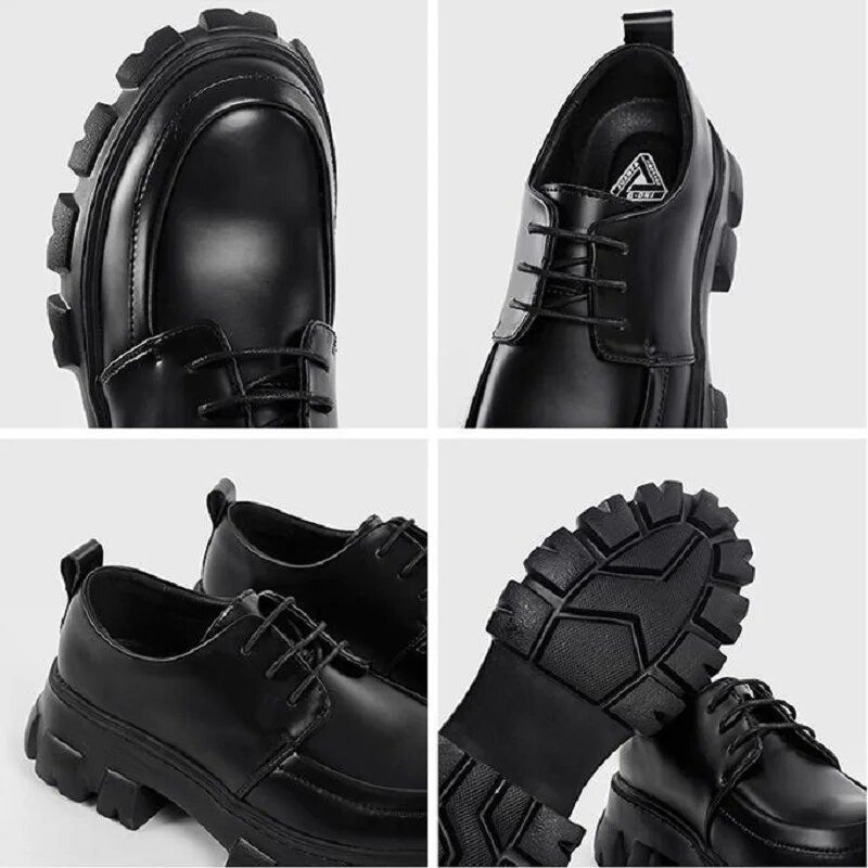 Κορεατική έκδοση Street Men Low Top Casual Δερμάτινα Παπούτσια Χοντρές Σόλες Derby Platform Formal Δερμάτινα Ανδρικά Παπούτσια 1AA48