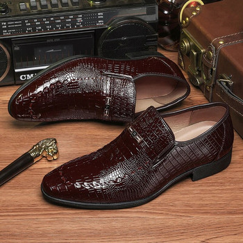 Модни обувки с остри пръсти за мъже, луксозни официални обувки с крокодил, мъжки мокасини Сватбени обувки с приплъзване Zapatos Hombre