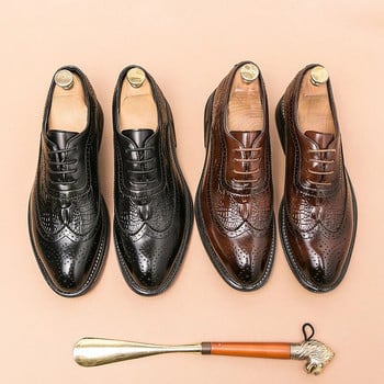 Луксозни мъжки обувки Brogue Мъжки КОСТЮМ Обувки Ежедневни официални бизнес кожени обувки Мъжки кафяви сватбени обувки Италианска рокля Банкетна обувка