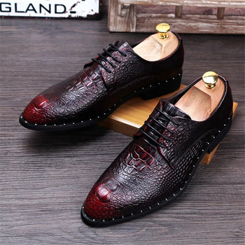 Мъжки кожени обувки с крокодилска рокля С връзки Обувки за сватбено тържество Мъжки бизнес офис Оксфордски равни обувки Големи размери Мъжка мода