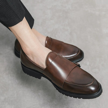 Модни мъжки обувки с приплъзване Нови класически кожени оксфордки за сватбено тържество Бизнес равни обувки Мъжки мокасини Дизайнерски официални