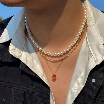 Pankų unikalūs imitaciniai-perliniai kauliukai pakabukas Choker kaklo papuošalai vyrams Vintažinis susuktas metalinis karoliukų grandinėlė papuošalas Dovana Steampunk Nauja