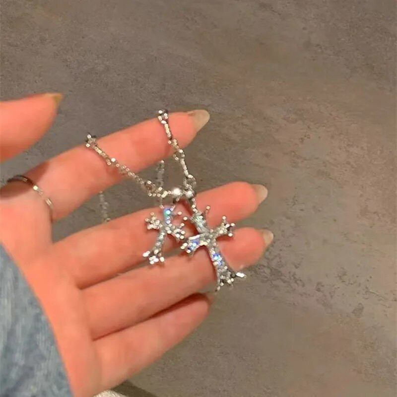 WLP Punk srebrna boja ogrlica s privjeskom s dvostrukim križem od kamenčića za muškarce Žene Hip Hop Kpop Choker Ovratnik 2023 Trendy nakit