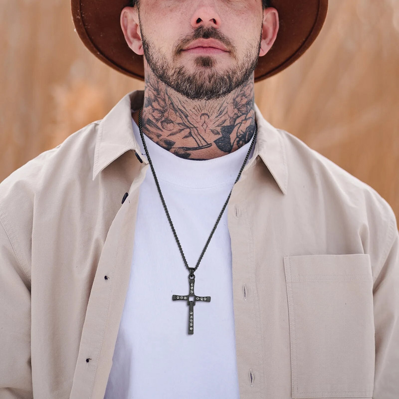 „Vnox Big Cross“ karoliai vyrams, lanksti ranka, viso akmens maldos kryžiaus pakabukas su dėžute, pankroko gotikinė apykaklė