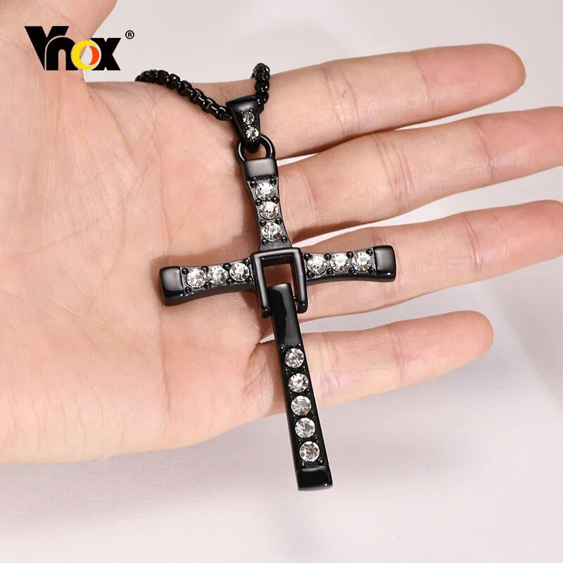 „Vnox Big Cross“ karoliai vyrams, lanksti ranka, viso akmens maldos kryžiaus pakabukas su dėžute, pankroko gotikinė apykaklė