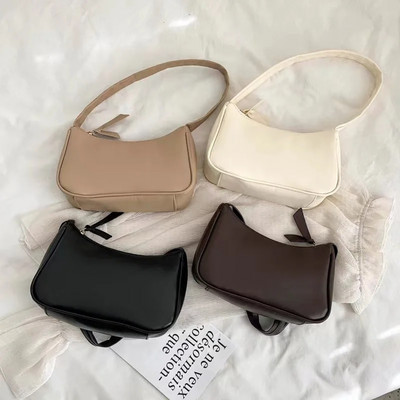 New PU Leather Women`s Handbags Solid color Underarm Bag Fashion Armpit Shoulder Bag Simple Design Girls Small Shoulder Bags