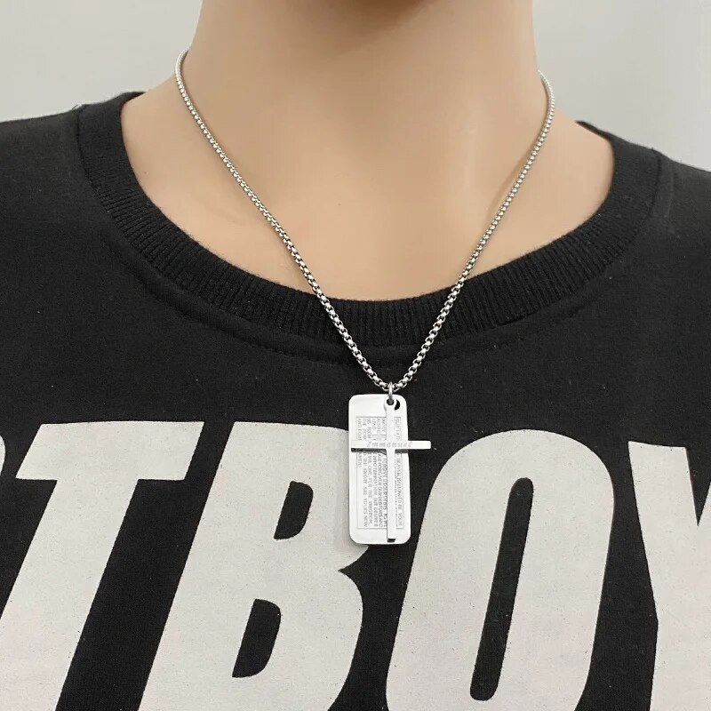 Aukštos kokybės krikščionių kryžiaus Biblijos vyrų pakabukų karoliai kariniai šunų žymekliai nerūdijančio plieno karoliai, religiniai maldos papuošalai