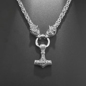 Muški Punk Viking Thor Čekić Dvostruka vučja glava Grickajući prsten Privjesak Lanac od nehrđajućeg čelika Mjolnir Viking amulet Ogrlica