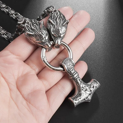 Muški Punk Viking Thor Čekić Dvostruka vučja glava Grickajući prsten Privjesak Lanac od nehrđajućeg čelika Mjolnir Viking amulet Ogrlica