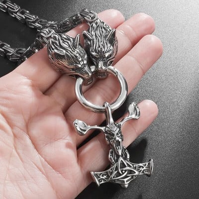 Muški Punk Viking Thor Čekić Dvostruka vučja glava Grickajući prsten Privjesak Lanac od nehrđajućeg čelika Mjolnir Viking amulet Ogrlica