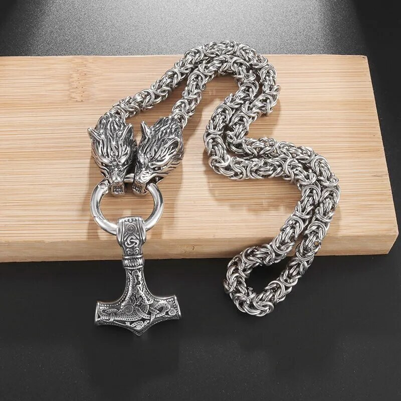 Muški Punk Viking Thor Čekić Dvostruka vučja glava Grickajući prsten Privjesak Lanac od nehrđajućeg čelika Mjolnir Viking amulet Ogrlica