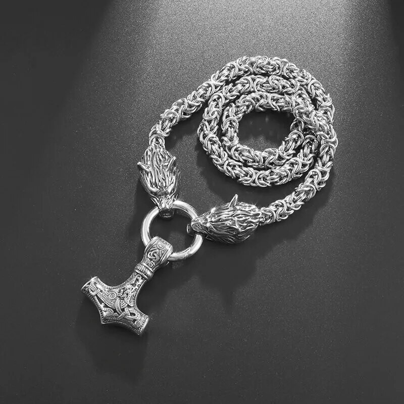 Muški Punk Viking Thor Čekić Dvostruka vučja glava Grickajući prsten Privjesak Lanac od nehrđajućeg čelika Mjolnir Viking amulet Ogrlica