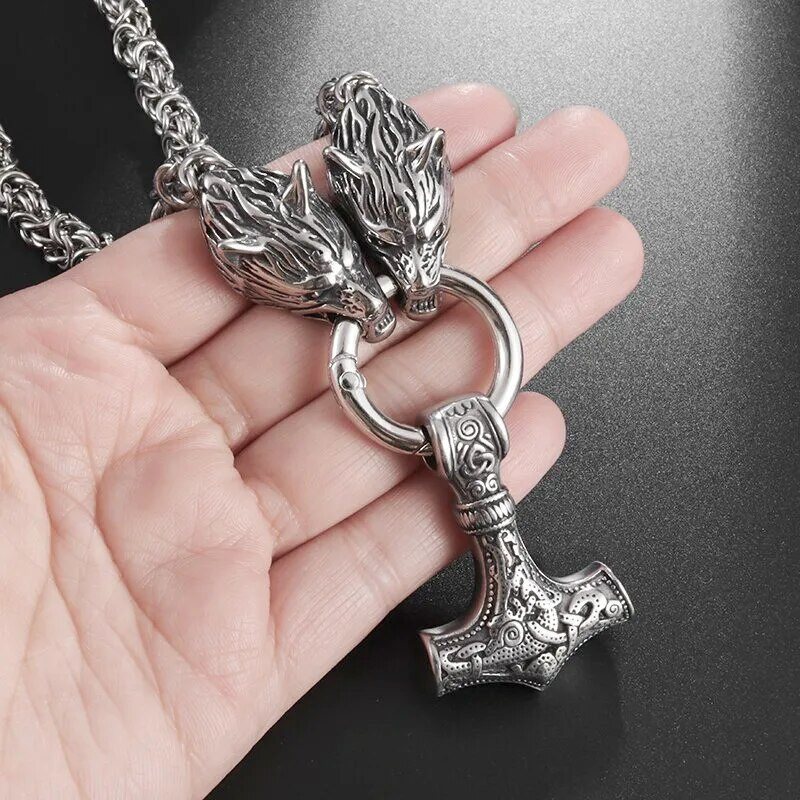 Muški Punk Viking Thor Čekić Dvostruka vučja glava Grickajući prsten Privjesak Lanac od nehrđajućeg čelika Mjolnir Viking amulet Ogrlica