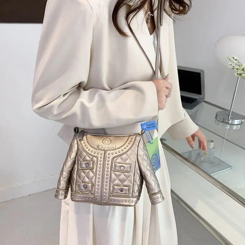 Μόδα Προσωποποιημένη Γυναικεία Δημιουργική Τσάντα Μπουφάν Μαύρο Χρώμα Παλτό Σχήμα Νεωτερισμού Διαμαντένια δικτυωτή αλυσίδα Μίνι τσάντα