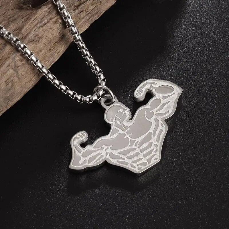 Stiprūs kultūrizmo raumenys Vyriški pakabukai ant rankų Vyriški mados tendencijos nerūdijančio plieno pakabukai, karoliai, sporto salė, sportiniai laisvalaikio papuošalai