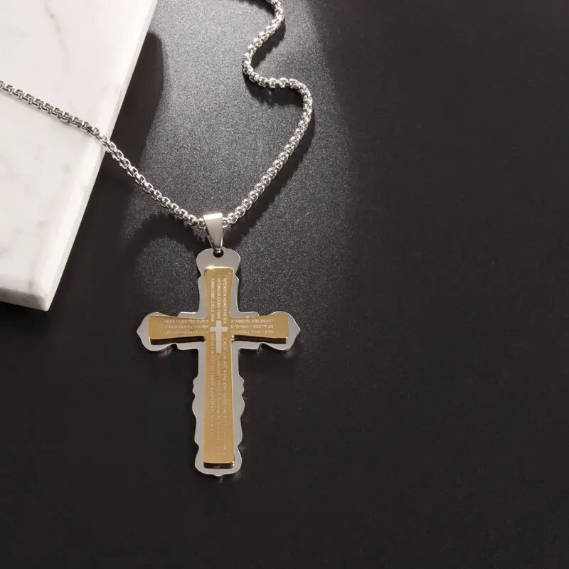 Krikščionių Biblijos kryžiaus karoliai, nerūdijančio plieno pakabukas, vyriškos tendencijos Jėzaus amuletas, papuošalai, moteriški maldos karoliai