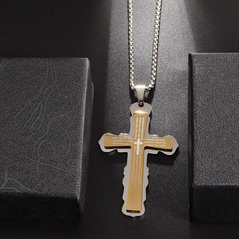 Krikščionių Biblijos kryžiaus karoliai, nerūdijančio plieno pakabukas, vyriškos tendencijos Jėzaus amuletas, papuošalai, moteriški maldos karoliai