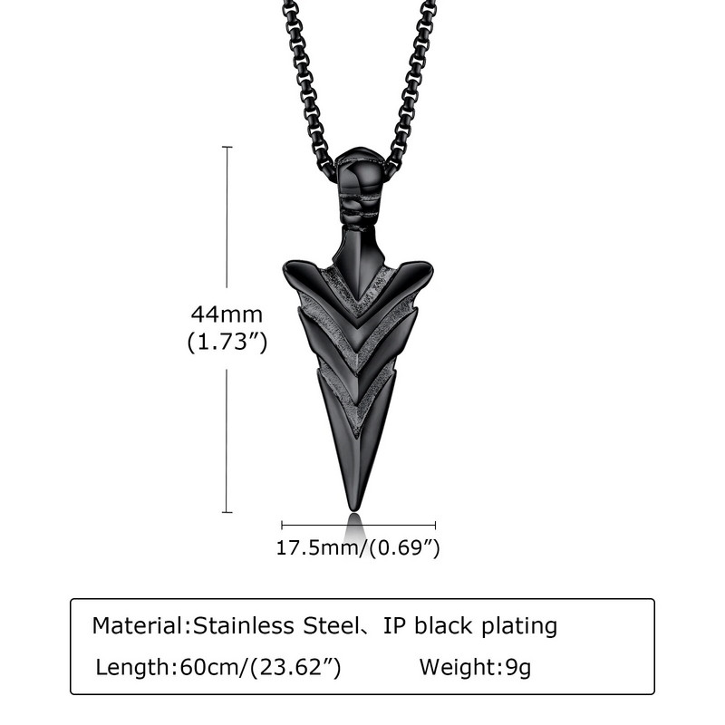 Muške ogrlice Vnox Arrow, crni privjesak s vrhom koplja od nehrđajućeg čelika s lančićem, vintage Cool Boy ovratnik