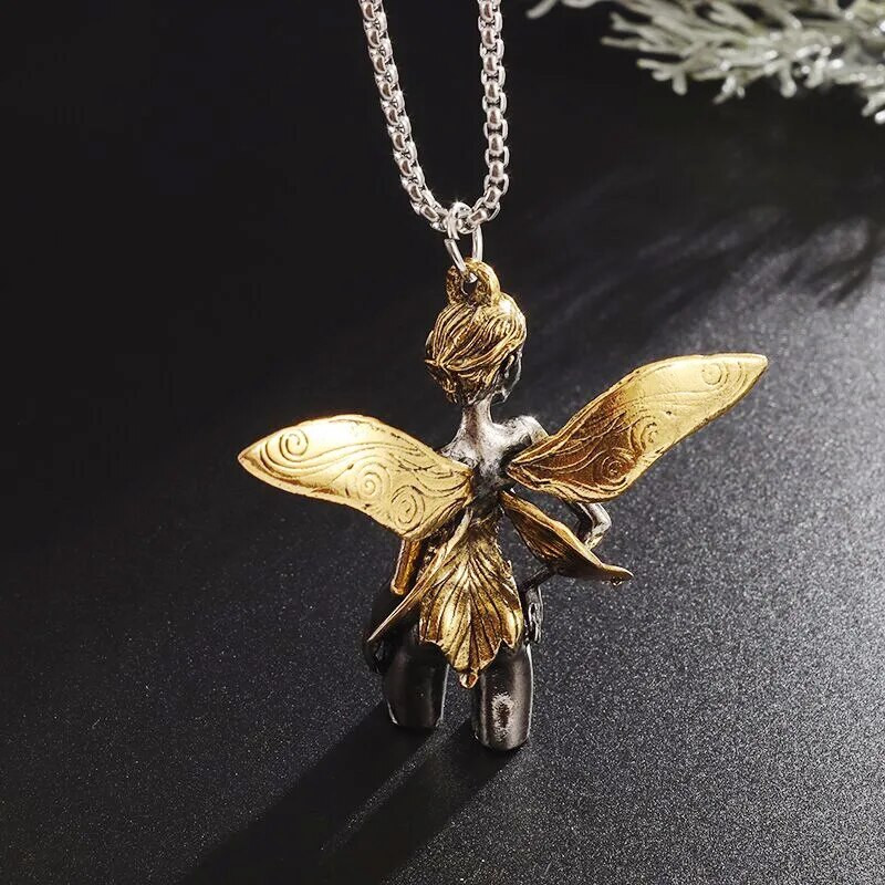 Seksikas liblikahaldjas ripats hõbetatud inglitiibadega kaelakee paarile ehe tüdruksõbrale sünnipäevakingitus