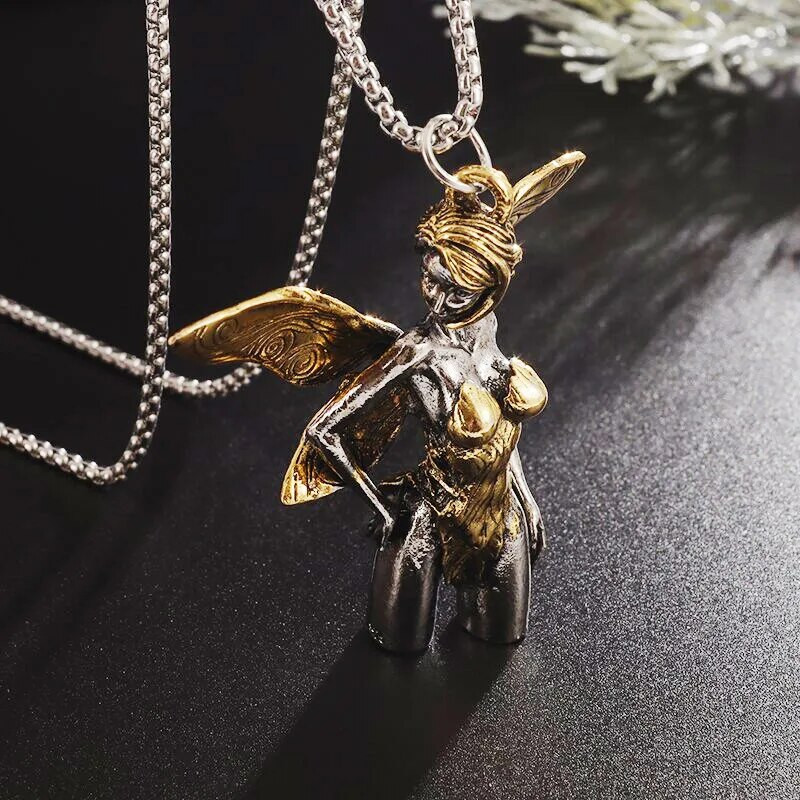 Seksikas liblikahaldjas ripats hõbetatud inglitiibadega kaelakee paarile ehe tüdruksõbrale sünnipäevakingitus