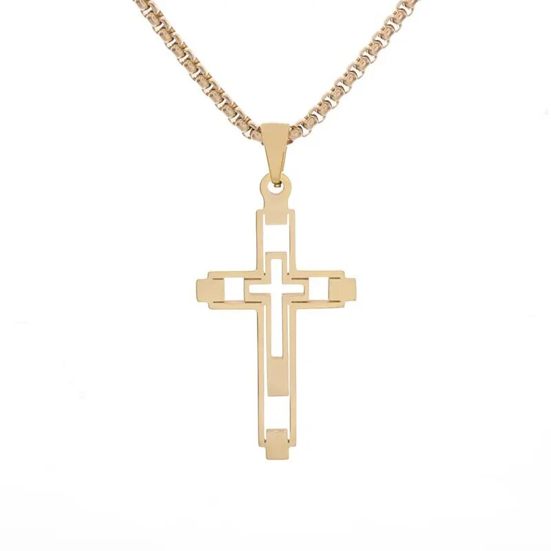 Vyriški didelio kryžiaus karoliai nerūdijančio plieno tuščiaviduriai tuščiaviduriai dvigubo kryžiaus pakabukas religinės maldos bažnyčios Jėzaus amuleto apykaklė