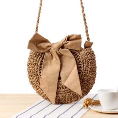 2023 New Beach Wind Cute Bow Summer Round Paie Geantă Crossbody Tesut Geantă Hand Crochet Femeie Geantă Plajă