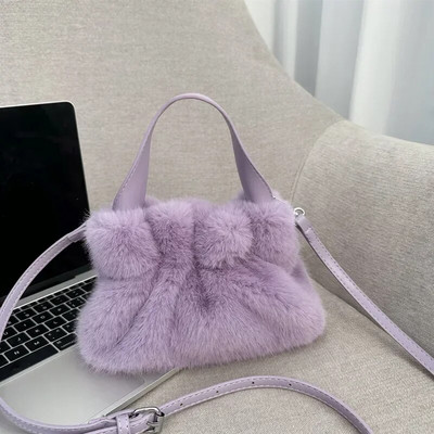 Moteriškas dirbtinio kailio pečių krepšys su PU dirželiu Lady Ruched pliušinės rankinės Pažastis Kasdienis kvadratinis Crossbody Winter