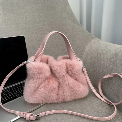 Moteriškas dirbtinio kailio pečių krepšys su PU dirželiu Lady Ruched pliušinės rankinės Pažastis Kasdienis kvadratinis Crossbody Winter