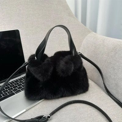 Moteriškas dirbtinio kailio pečių krepšys su PU dirželiu Lady Ruched pliušinės rankinės Pažastis Kasdienis kvadratinis Crossbody Winter