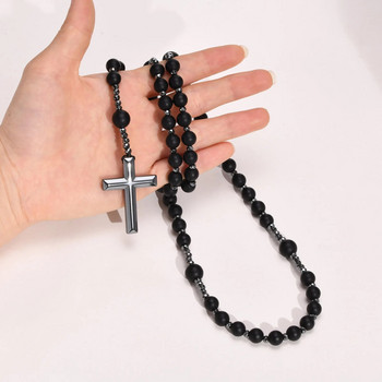 Κολιέ Vnox Black Rosary Cross για άντρες Γυναικεία, κολιέ Power Balance από αιματίτη, Κοσμήματα εκκλησιαστικής προσευχής
