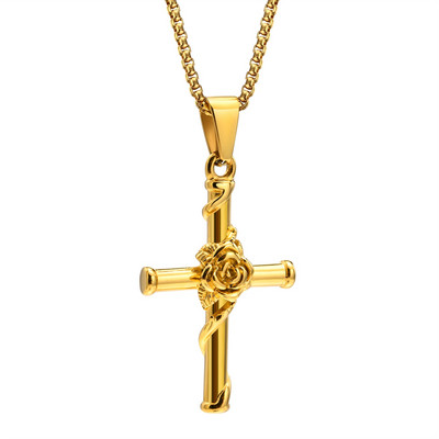 „Vnox“ vyrų kryžminiai karoliai, nerūdijančio plieno rožinio kryžiaus pakabukas su dėžute, unisex „Cool Crucifix Jesus Faith“ estetiška apykaklė