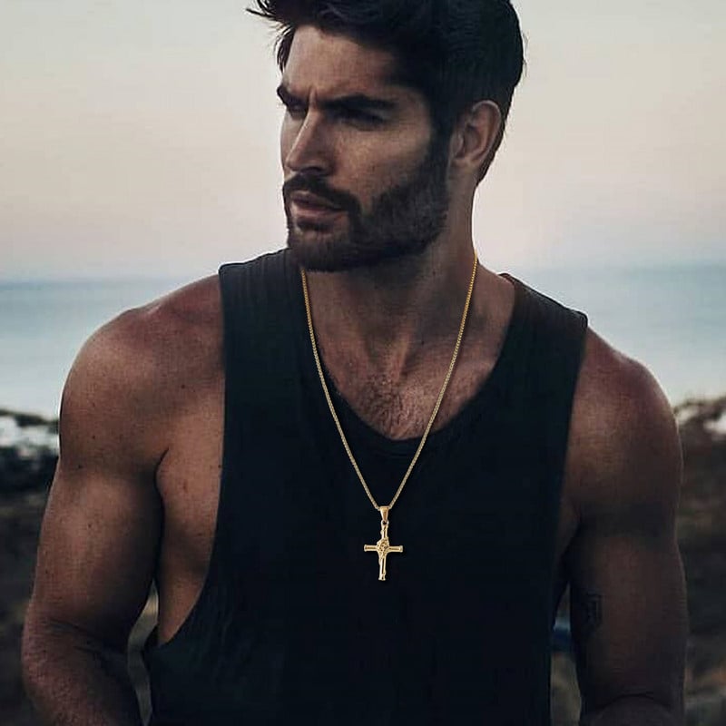 „Vnox“ vyrų kryžminiai karoliai, nerūdijančio plieno rožinio kryžiaus pakabukas su dėžute, unisex „Cool Crucifix Jesus Faith“ estetiška apykaklė