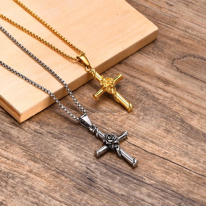 „Vnox“ vyrų kryžminiai karoliai, nerūdijančio plieno rožinio kryžiaus pakabukas su dėžute, unisex „Cool Crucifix Jesus Faith“ estetiška apykaklė