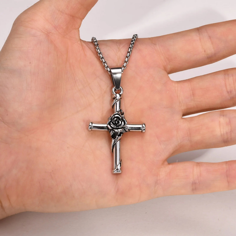 „Vnox“ vyrų kryžminiai karoliai, nerūdijančio plieno rožinio kryžiaus pakabukas su dėžute, unisex „Cool Crucifix Jesus Faith“ estetiška apykaklė
