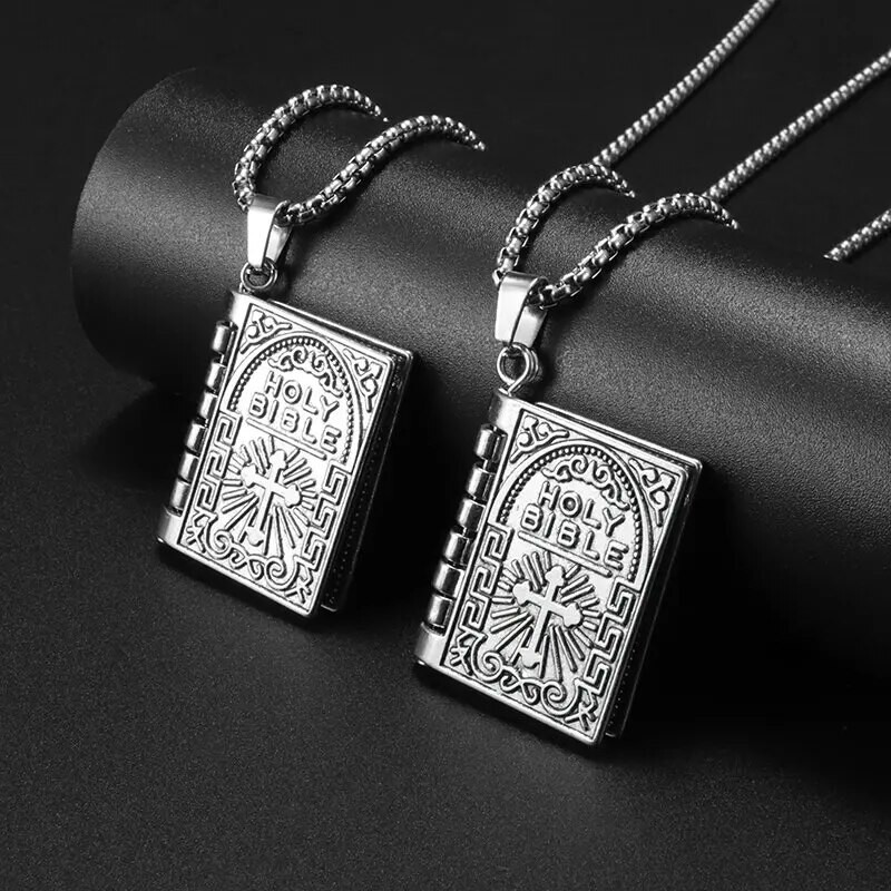 Moteriškas Biblijos kryžiaus pakabukas nerūdijančio plieno gražiai raižyti Biblijos knygos karoliai Vyriški ir moteriški krikščioniški amuletai
