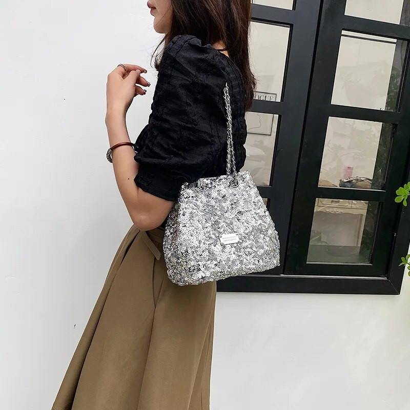 Μόδα γυναικεία τσάντα ώμου με κουβά με παγιέτα τσάντα χιαστί βραδινό πάρτι βραδινές τσάντες γυναικείες πολυτελείς τσάντες χιαστί με φερμουάρ