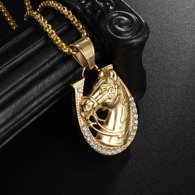 Hip Hop Shiny Zircon Gold Horse Head Pendant Horseshoe Necklace Charms Men Women Trendy Rock Party Jewelry