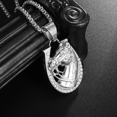 Hiphopo blizgus cirkonis, auksinis pakabukas arklio galvai, pasagos karoliai, vyriški, moteriški, madingi roko papuošalai vakarėliui