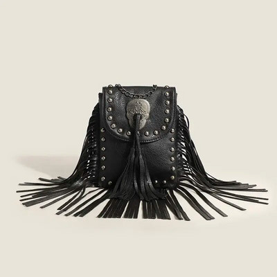 Bohemian Skull Rivet kett Fringe Tutt Mood Vintage Naiste Tüdrukute Punkkotid Naiste Käekotid Rahakotid Väikesed Naiste Õlakotid