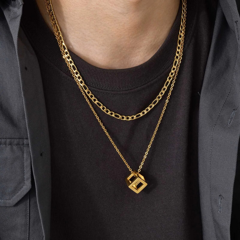 Ανδρικό κρεμαστό κολιέ Vnox Geometric Hollow Tube, Ανοξείδωτο ατσάλι Figaro Cuban Box Rope Chain Chain, Casual στοιβαζόμενο κολιέ